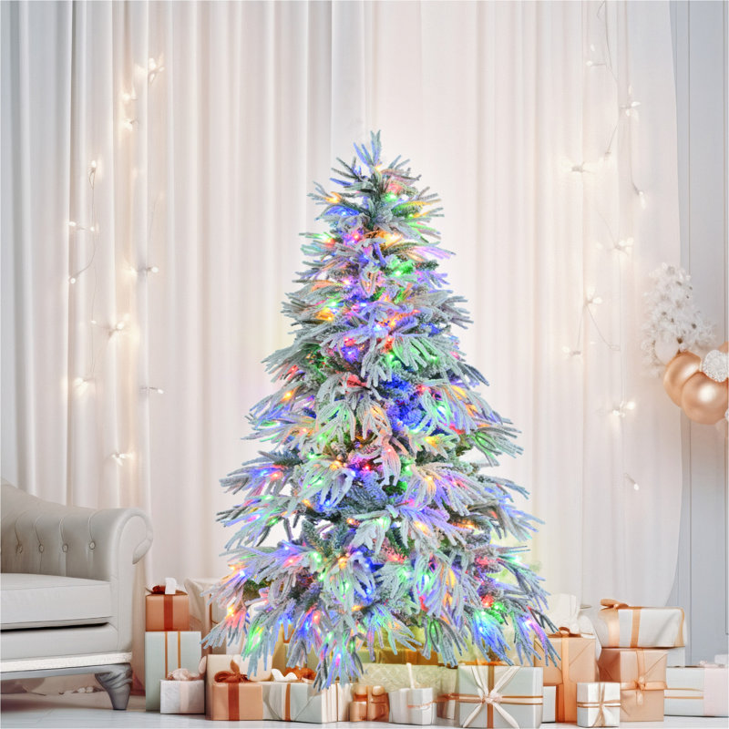 Pre Lit Spruce Snow Flocked Christmas Tree Artificial Hinged Xmas Tree with 350 Multi Color LED Lights 8 Flashing Modes 1389 Snow Branch Tips